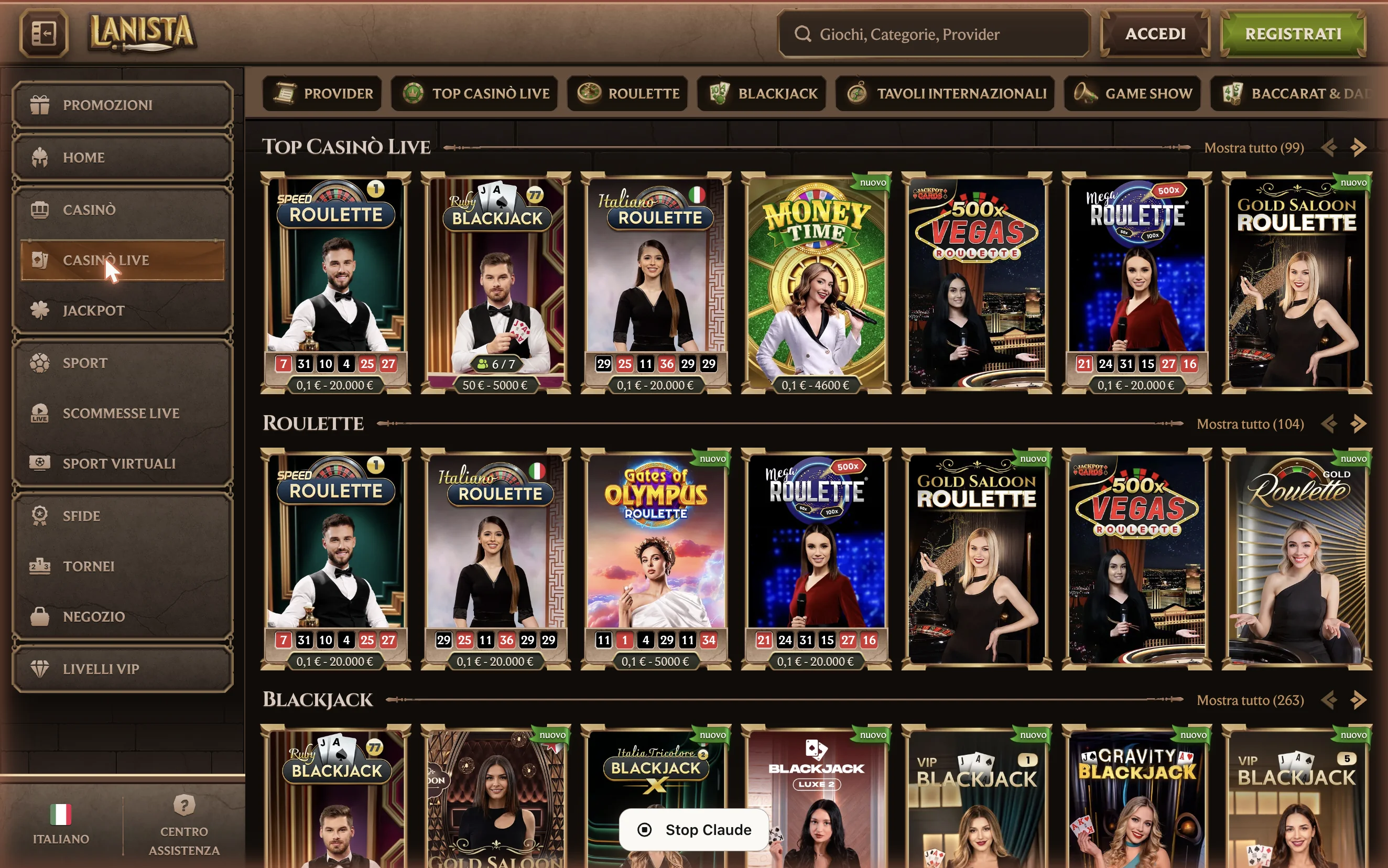 La sezione Casinò Live organizzata per categoria.